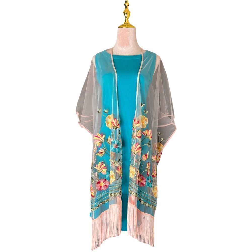 Haute Hippie Pink Mesh Floral Embroidered Fringe Boho, Festival Kimono, OS. NWT! - Picture 7 of 16